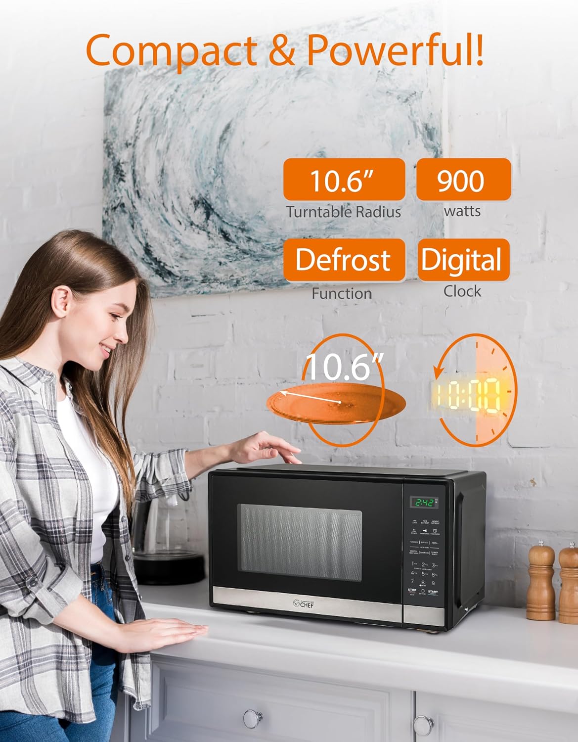 Commercial CHEF Small Microwave 0.9 Cu. Ft. Countertop Microwave with Touch Controls & Digital Display, Stainless Steel Microwave & 10 Power Levels, Outstanding Portable Microwave with Pull Handle