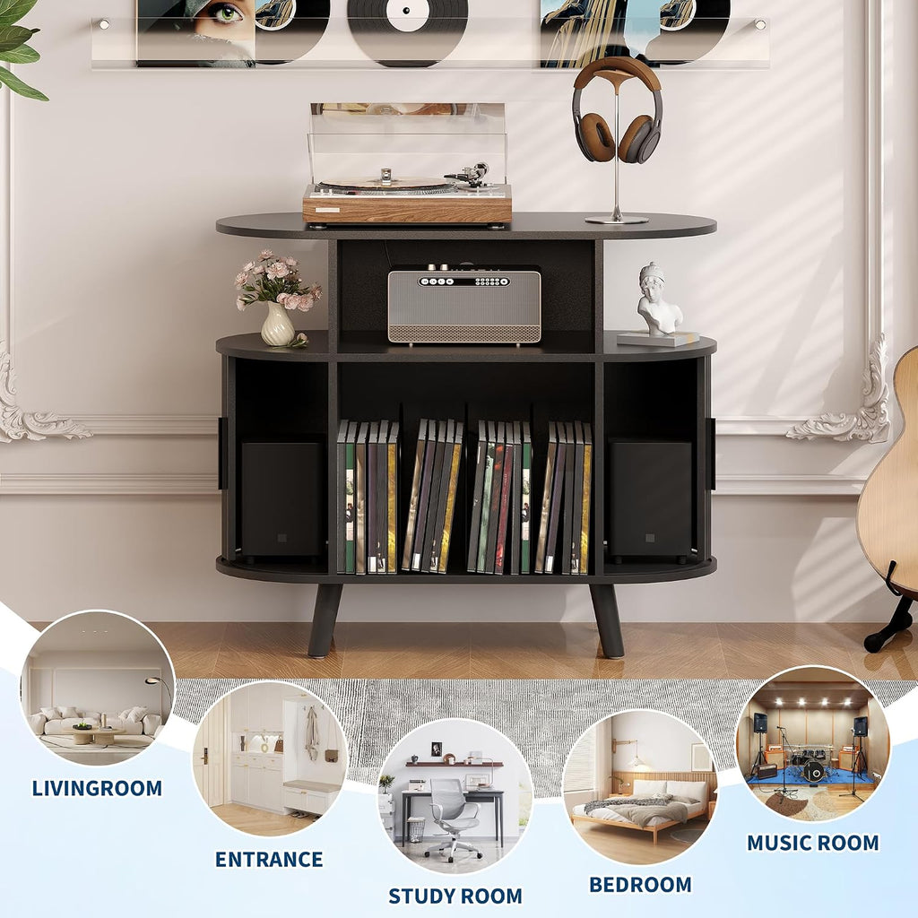Garvee 35'' Fluted Mid Century Modern Turntable Cabinet, Large Round Record Player Stand with Charging Station and Display Shelf, Arched Wood Record Player Table for Living Room