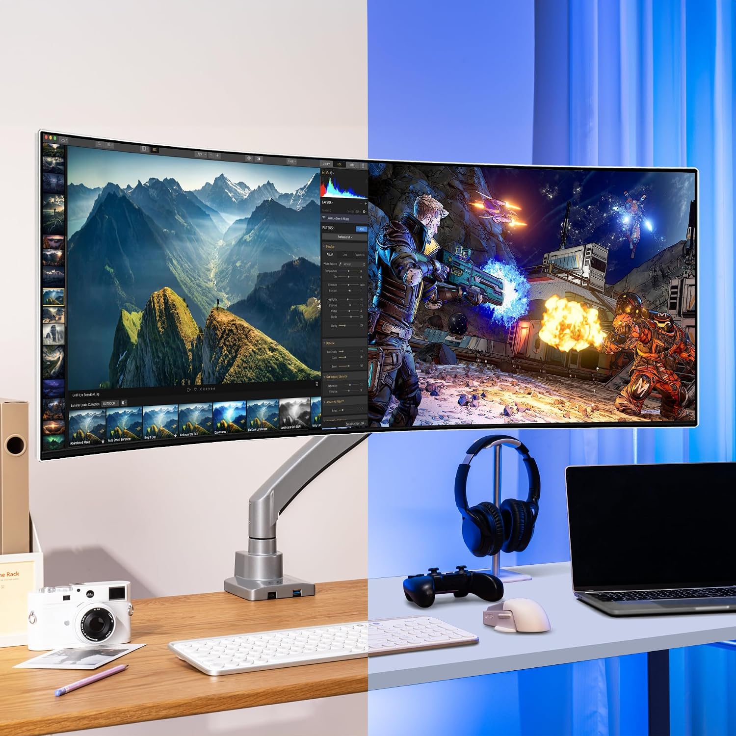 AVLT Single 17'-57' Super Ultrawide Monitor Arm for Screens Up to 59.5 lbs, Premium Aluminum Desk Stand, Adjustable Pneumatic Height, Full Motion Swivel Tilt Rotation, USB-C&A Ports, Gray