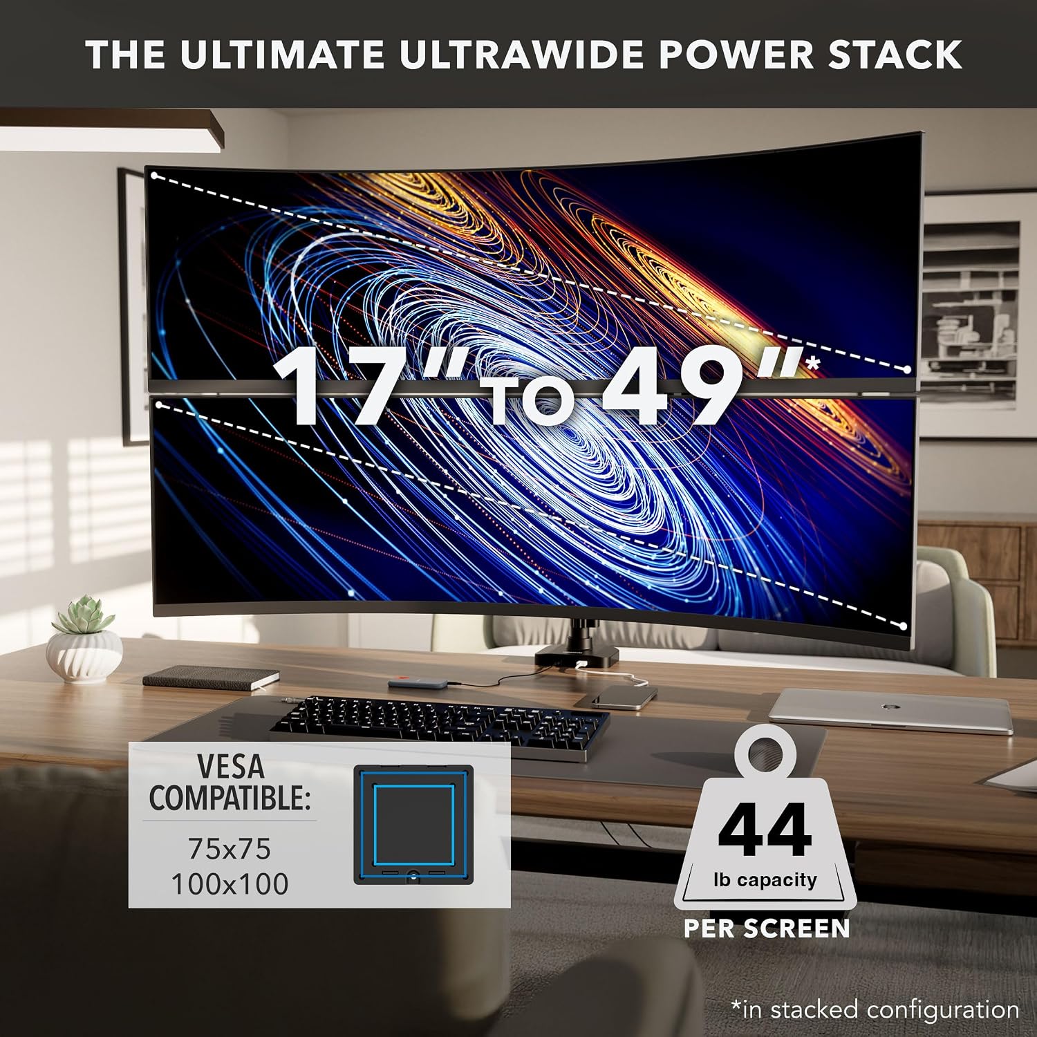 Mount-It! Proflex Series Stacking Dual Ultrawide Monitor Arm for 17–49' Screens, Height-Adjustable Pole, Heavy Duty Gas Spring, USB-C & USB 3.0, Full Motion, VESA 75/100, Clamp or Grommet
