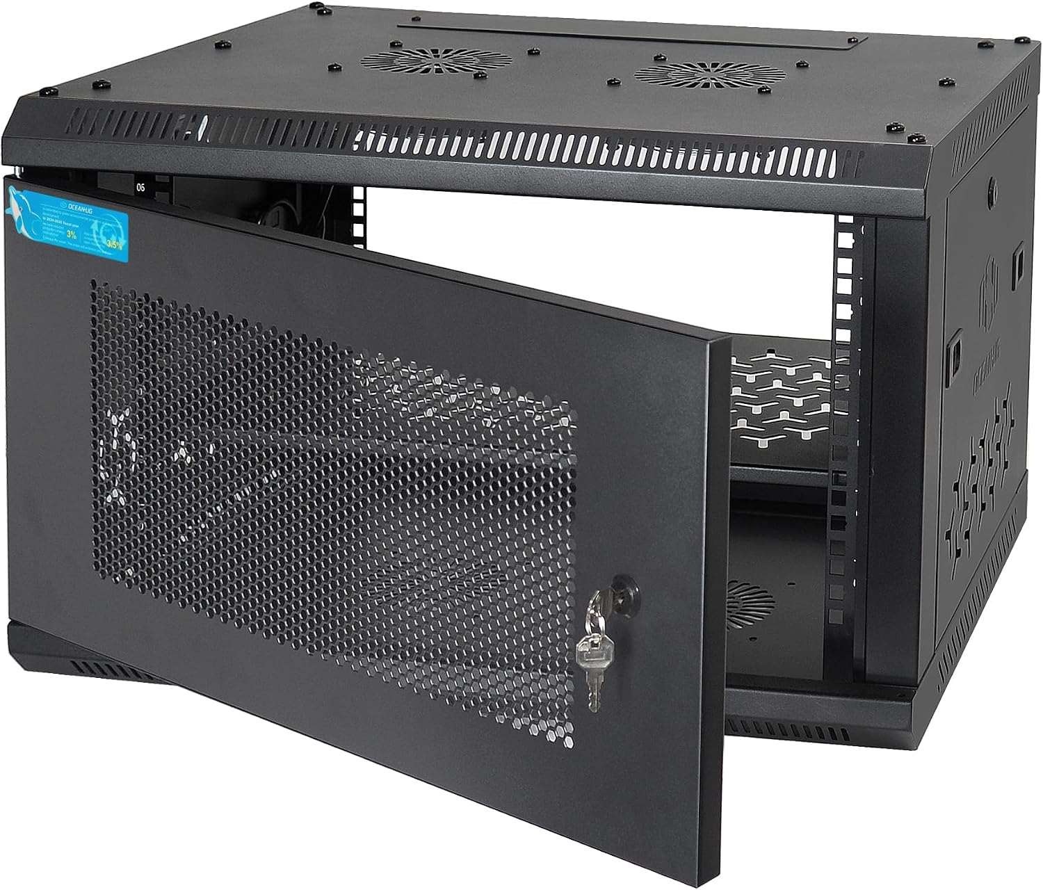 6U Wall Mount Server Cabinet with A Lockable Front Vented Door, Cooling Fans, Removable Side Panels - 45cm Depth, 19' Network Rack Including Full-Size Rack Shelf for IT Equipment