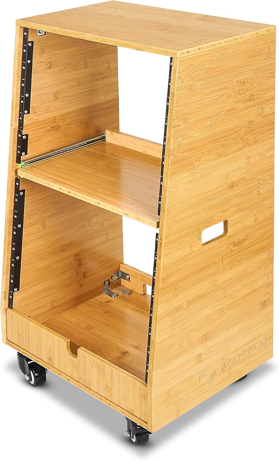 Sound Town DIY Solid Carbonized Bamboo Slanted 16U Studio Rack (8U Top + 8U Lower), with 2U Bottom Storage, Slide-Out Tray, Caster, For Recording Room, Home Studio (STBR-ST16T)