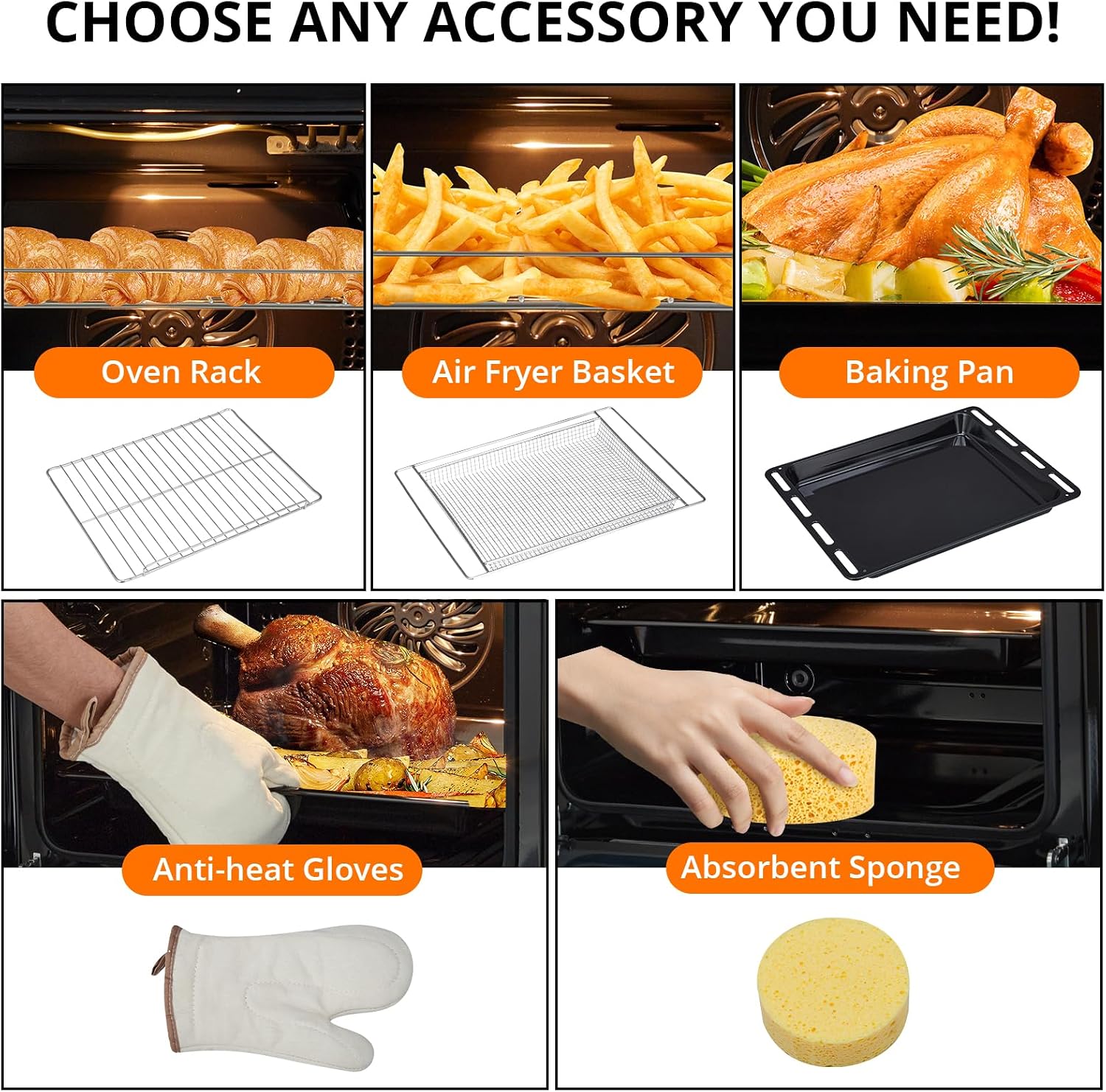24 Inch Stainless Steel Toaster Oven and White Air Fryer Combo: 70L Capacity, 3D Heating with Steam, Touch Control, Multi-Function Modes for Countertop Built-in Use