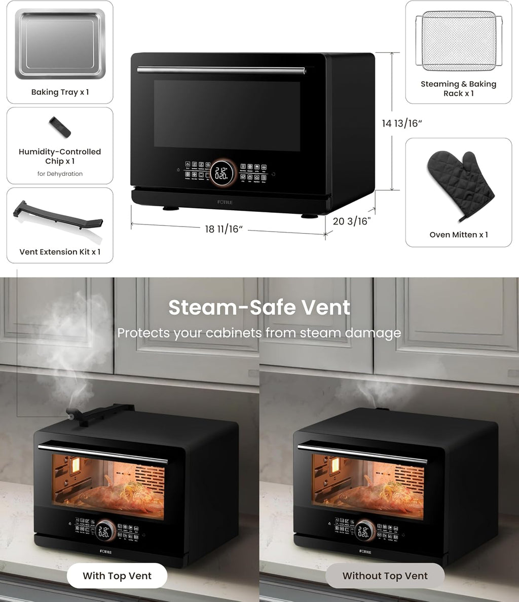 FOTILE HYZK32-E3-B ChefCubii 1.1 cu. ft. 4-in-1 Combi-Steam Oven with Steam-Bake, Air Fry, Convection, Dehydrator Functions, and 50 Preset Menus, Black