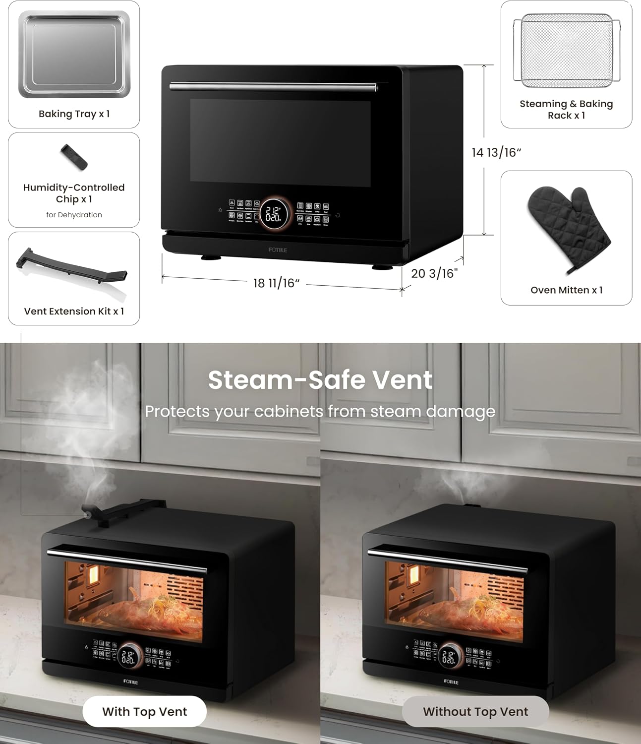 FOTILE HYZK32-E3-B ChefCubii 1.1 cu. ft. 4-in-1 Combi-Steam Oven with Steam-Bake, Air Fry, Convection, Dehydrator Functions, and 50 Preset Menus, Black