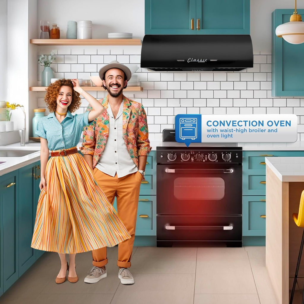 Unique Appliances Classic Retro Radiant Electric Range, Freestanding Electric Range with 5-Element Glass Cooktop, Convection Oven, and Oven Light, 30', Midnight Black