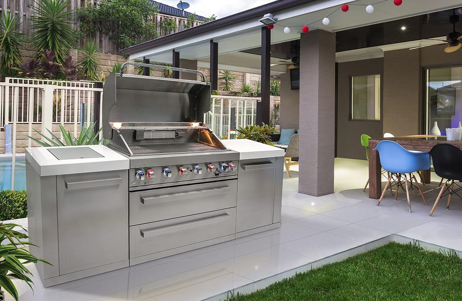 Mont Alpi MAi805 Outdoor Kitchen Island Grill - 44 Inch 6 Burner 115000 BTU Stainless Steel | Infrared Side & Rear Burner | Granite Countertop | Propane