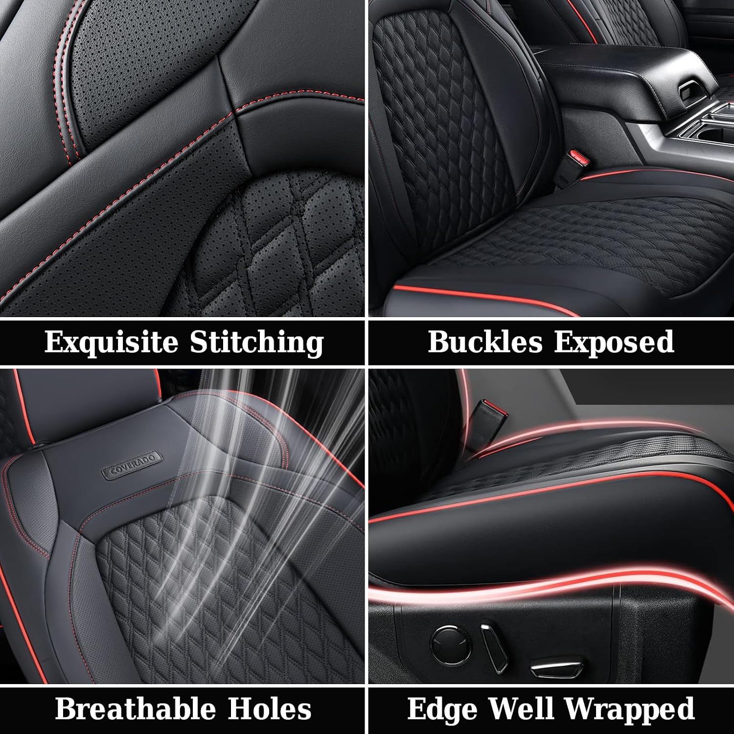 Coverado Wrangler JK Seat Covers, Custom Fit for Pickup Truck Jeep Wrangler Seat Covers 2/4 Door, Waterproof Leather Car Seat Covers Cushions for Jeep Wrangler Accessories 2008-2012(Red Line)