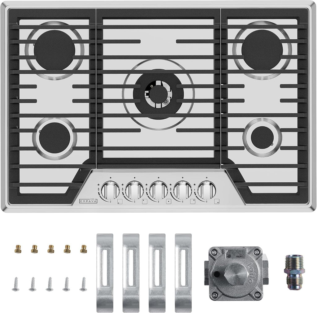 Empava 30' Recessed Gas Stove Cooktop with 5 Italy SABAF Sealed Burner NG/LPG Convertible in Stainless Steel, 30 inches