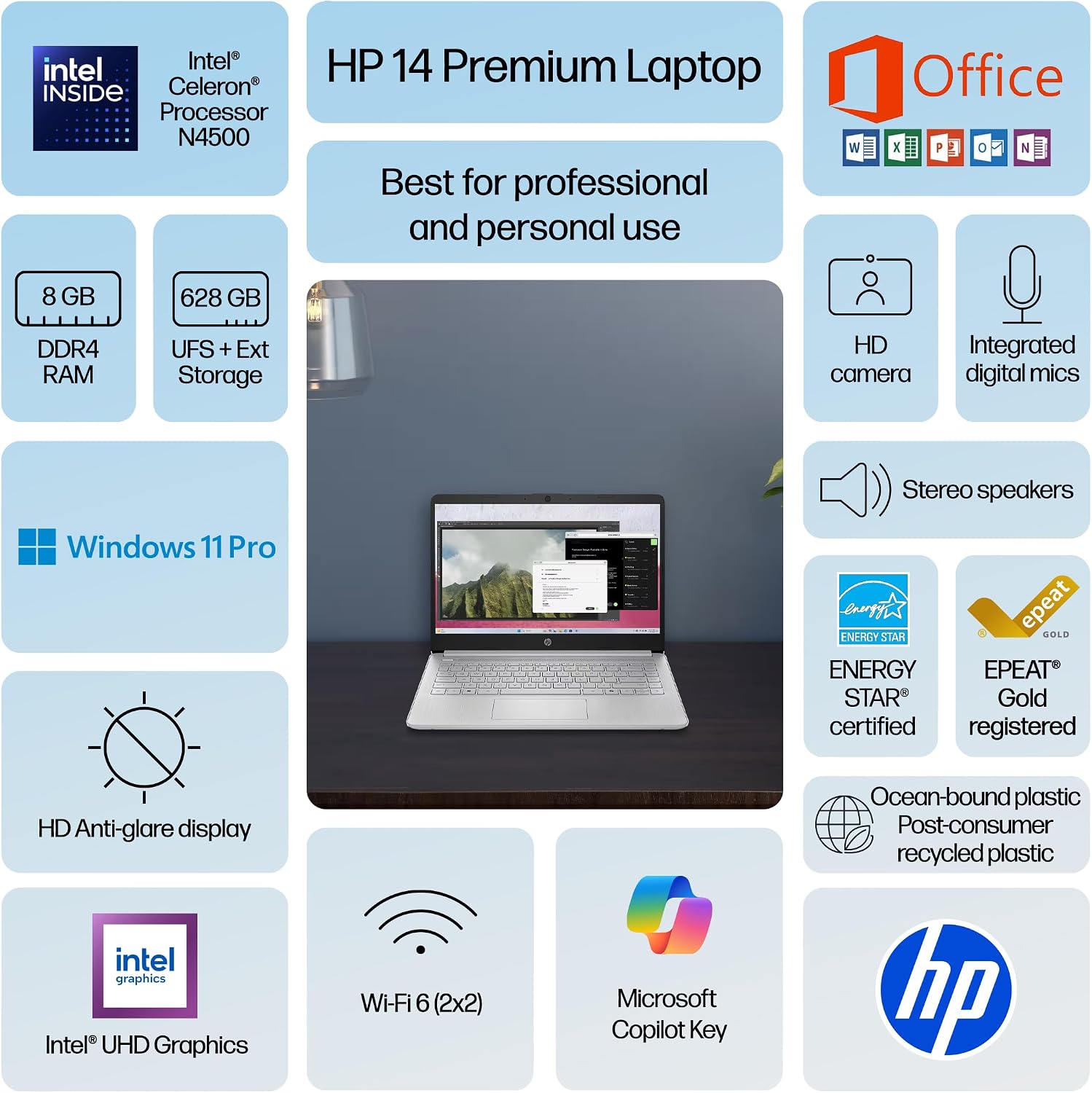 HP 14' Laptop Ultrabook 2026 Business Student Computer with MS Office, Copilot AI, Intel CPU Upto 2.8GHz, 8GB RAM, 628GB Storage (128GB SSD+500GB Ext), Wi-Fi 6, MarxsolAccessory, Win 11 Pro, White
