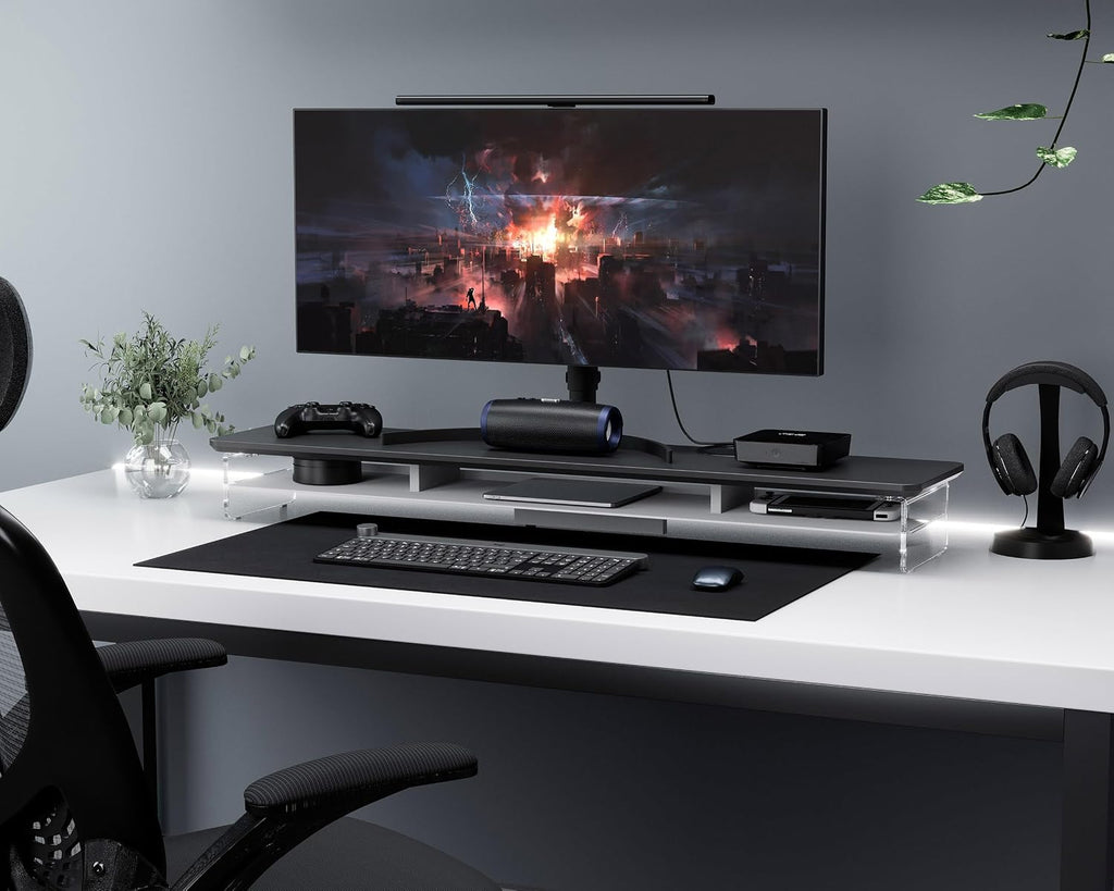Fenge Acrylic Monitor Stand Riser, 42.5 Inches Dual Monitor Stand with Metal Storage, 2 Tier Acrylic Computer Riser for Desk, Clear Laptop Stand for PC, Laptop, Printer, TV, Black