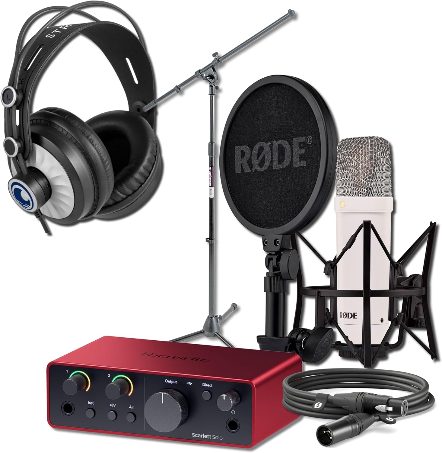 Rode NT1 Signature Series White Recording Bundle with Focusrite Scarlett Solo Interface, StreamEye Cans50 Headphones, and On-Stage MS7701B Floor Stand — 4 dBA Self-Noise, 48V Phantom Power, Air Mode
