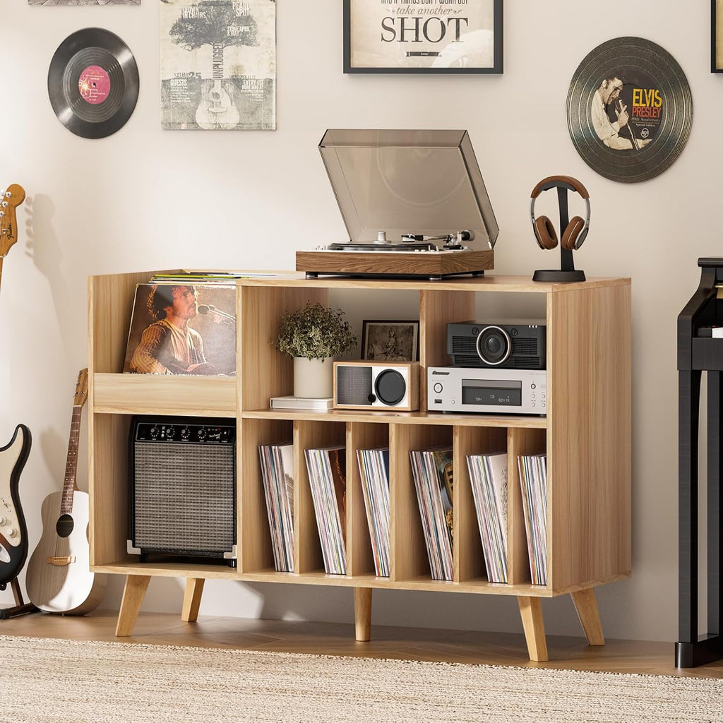 LELELINKY Large Record Player Stand, 48''Turntable Stand with Storage, Vinyl Record Holder with Display Area, Record Player Table Holds Up to 450 Albums, Record Stand for Music Room Living Room