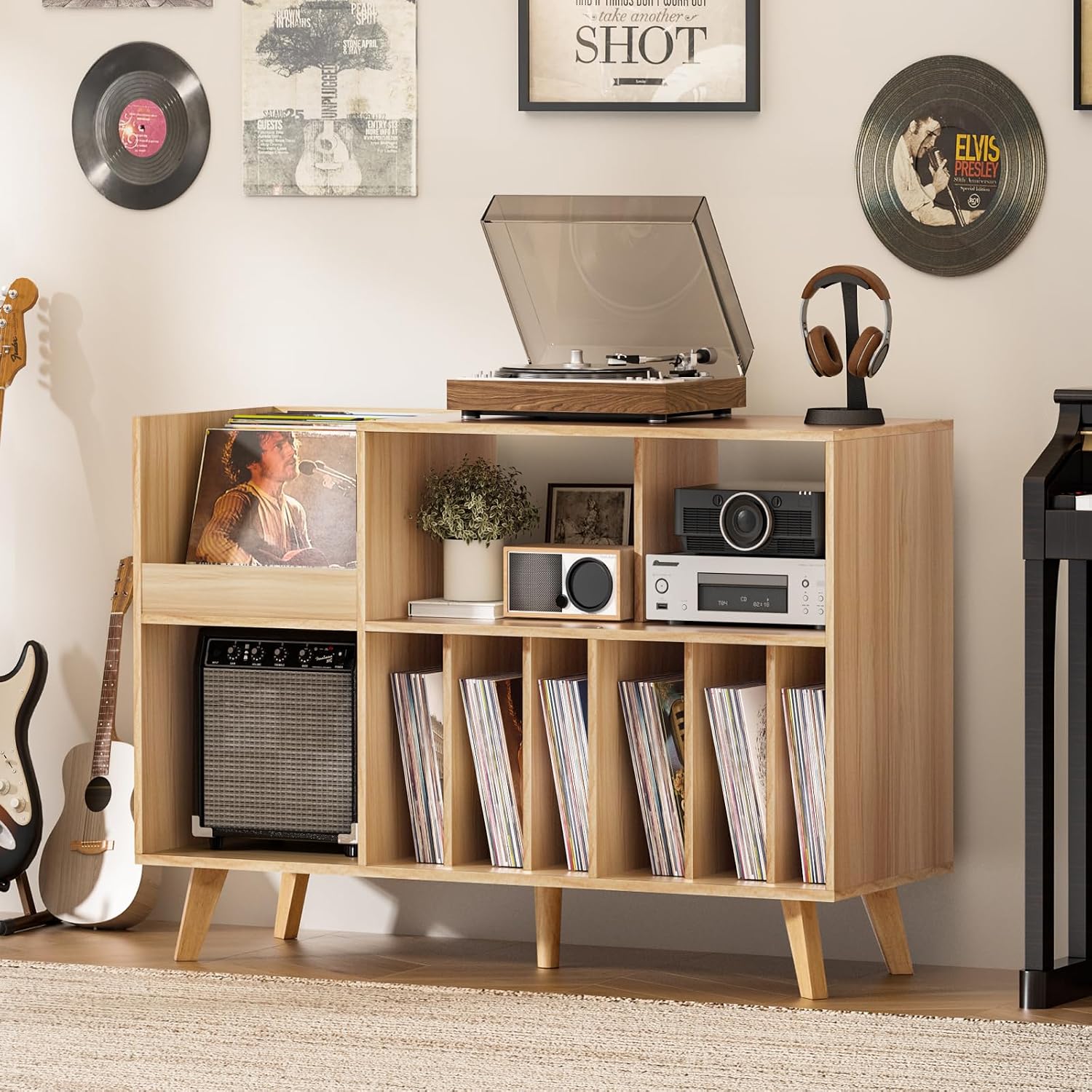 LELELINKY Large Record Player Stand, 48''Turntable Stand with Storage, Vinyl Record Holder with Display Area, Record Player Table Holds Up to 450 Albums, Record Stand for Music Room Living Room