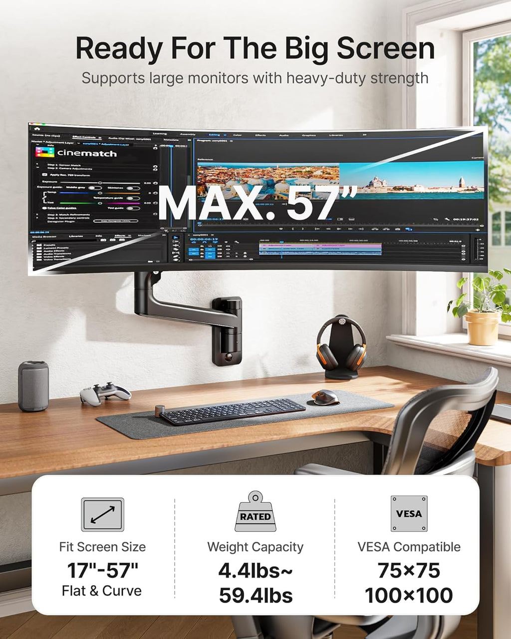 monTEK Monitor Wall Mount for 17-57' up to 59.4 lbs Ultrawide Screens, Single Heavy-Duty Aluminum Gas Spring Monitor Arm with Full Motion Adjustment, VESA 75x75/100x100 Compatible, Black