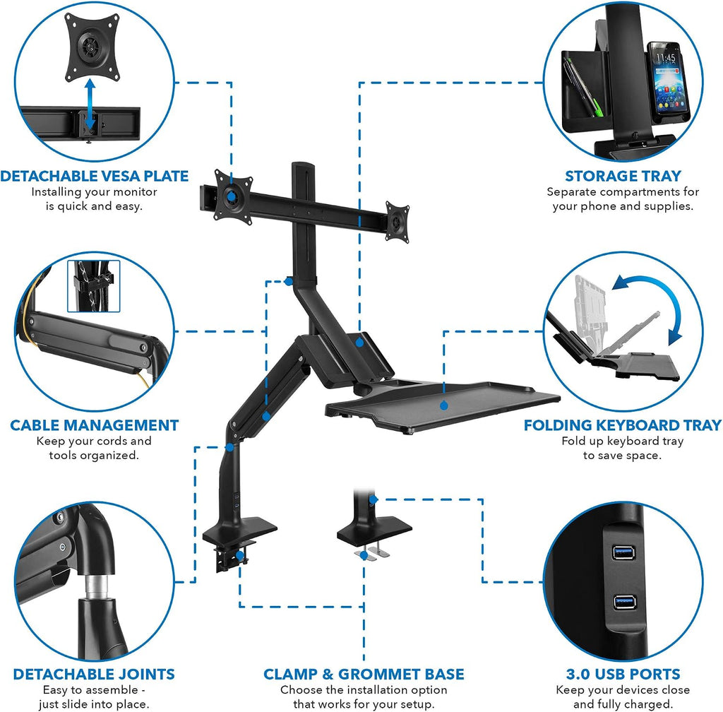 Mount-It! Dual Monitor Arm Desk Mount Sit-Stand Workstation with 2 USB 3.0 Ports, Height Adjustable 23.1–42.9', Fits Two 17–27' Screens, 13.2 lbs Each, VESA 75x75 100x100, Clamp or Grommet