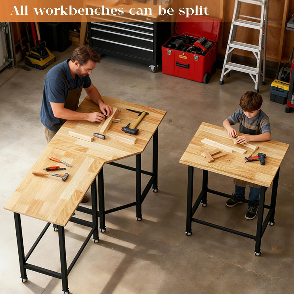 Betterhood 48'/60' Heavy-Duty Adjustable Workbench for Garage, Rubber Wood Shop Table,Hardwood Workstation Weight Capacity Over 1500 Lbs (Rubber Pad/Power Outlets/Ruler/63 x21.7 x35.8)
