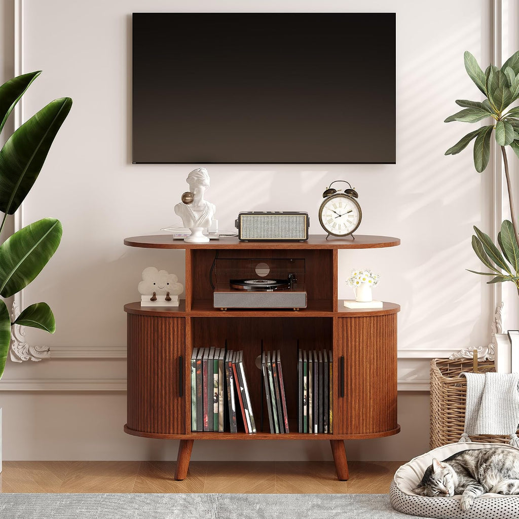 Garvee 35'' Fluted Mid Century Modern Turntable Cabinet, Large Round Record Player Stand with Charging Station and Display Shelf, Arched Wood Record Player Table for Living Room