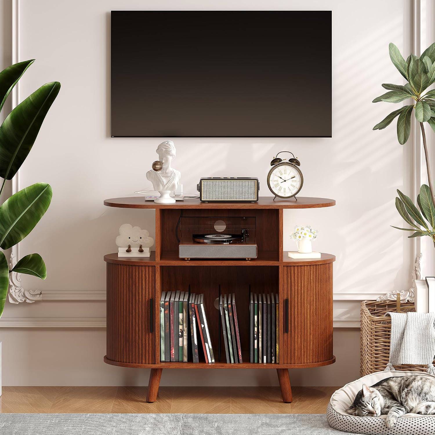 Garvee 35'' Fluted Mid Century Modern Turntable Cabinet, Large Round Record Player Stand with Charging Station and Display Shelf, Arched Wood Record Player Table for Living Room