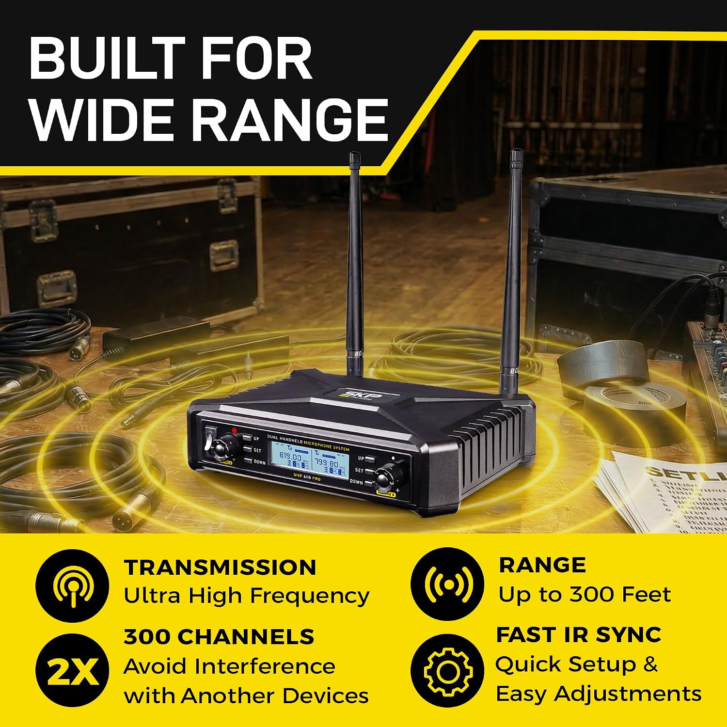 SKP UHF-600 PRO Dual Wireless Microphone System – Auto-Scan, 300ft Range, Dual LCD Control for Battery, Complete Kit with 2 Wireless Microphones for Karaoke, DJs, Weddings, Church & Classroom