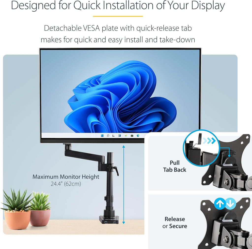 StarTech.com Desk Mount Monitor Arm w/ 2X USB 3.0 Ports for VESA Display up to 34' (17.6lb/8kg), C-Clamp/Grommet, Mechanical Spring