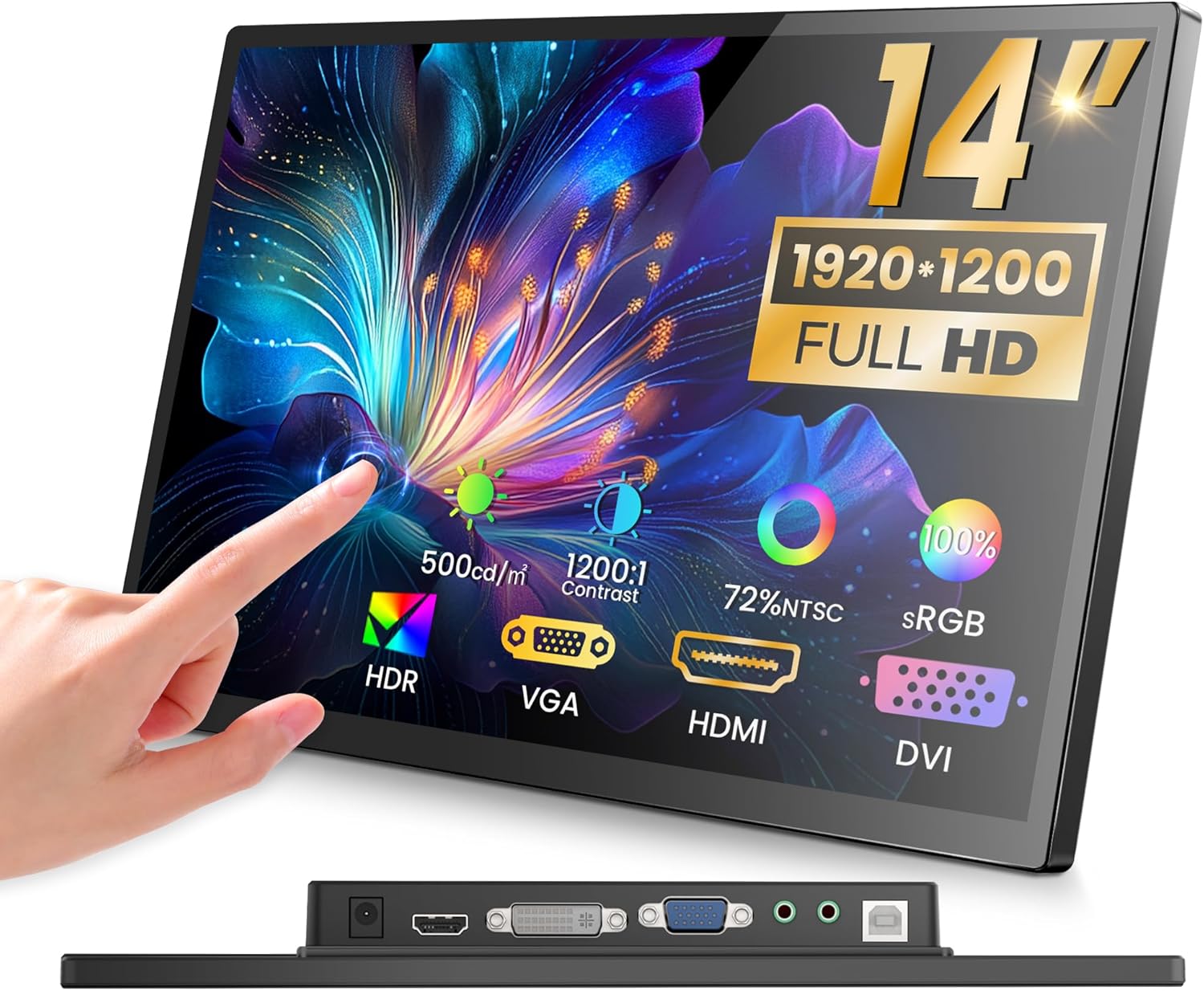 14 inch FHD Portable Touchscreen Monitor with HDMI VGA DVI Ports Compatible with Laptops PC PS5/4, Industrial, POS, Kiosk, Screen Extender 1920×1200 HDR IPS Small Touch Screen Display 500 nits