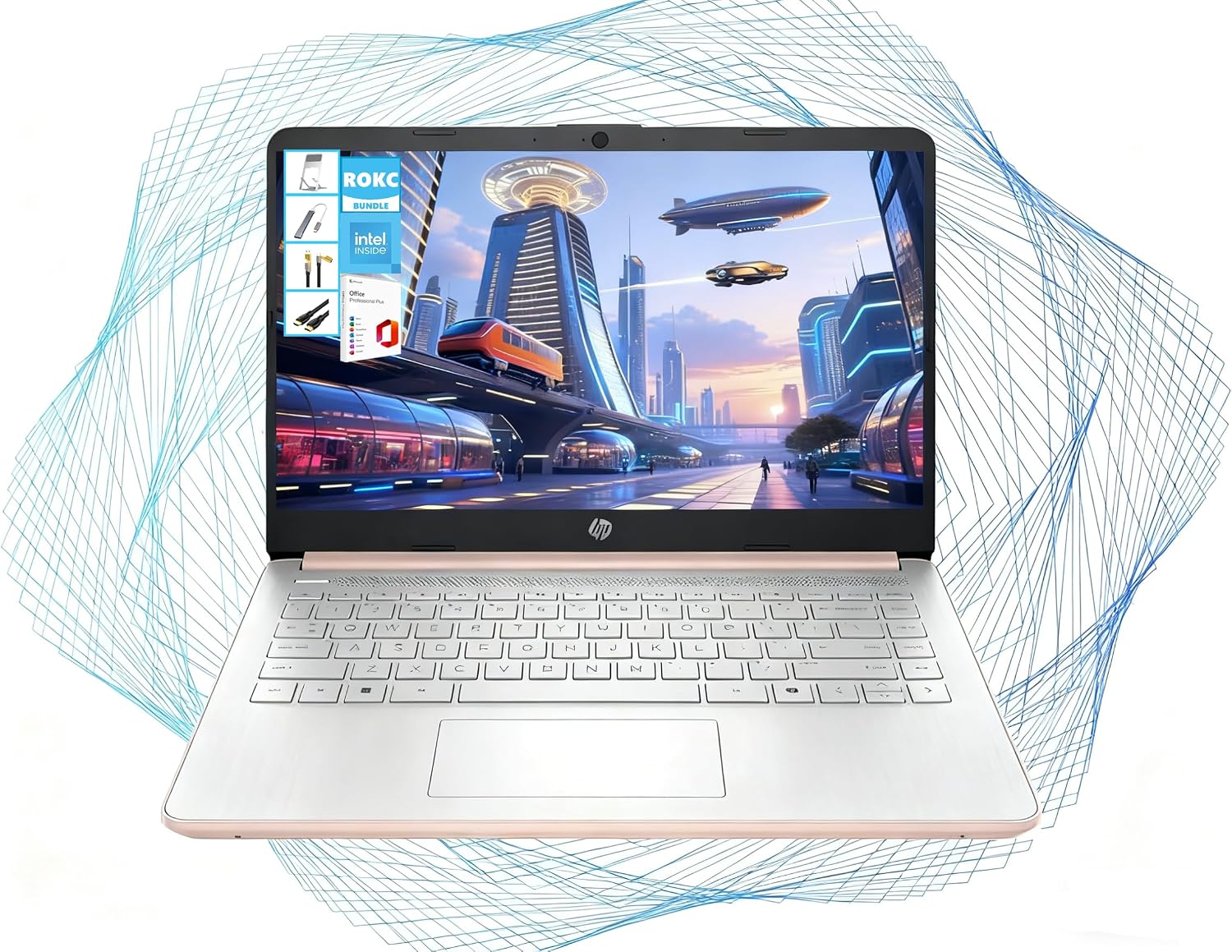 HP 14' HD Laptop with Microsoft Office and 1TB Cloud Storage (1-Year)| 16GB RAM| 128GB SSD | Intel 4-Core CPU(Beat i3-10110U)| Ultra Light| Wi-Fi| Bluetooth Webcam| Windows 11| RK Bundle|Rose Gold