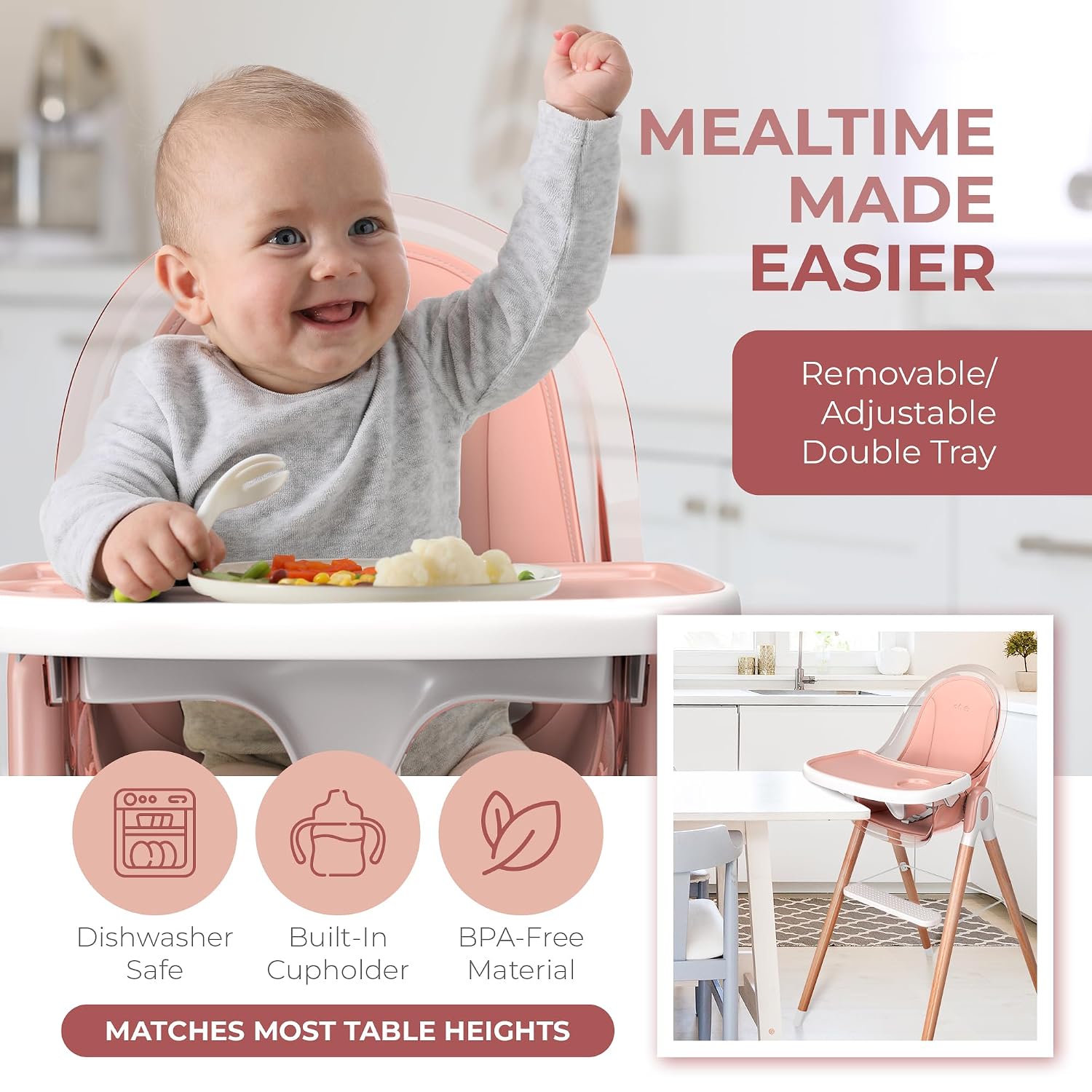 6 in 1 Deluxe Wooden High Chair for Babies & Toddlers Modern Safe Compact Baby Highchair, Easy to Clean, Removable Tray & Cushion, 6 Options 3 Seat Positions 2 Heights (Pink)