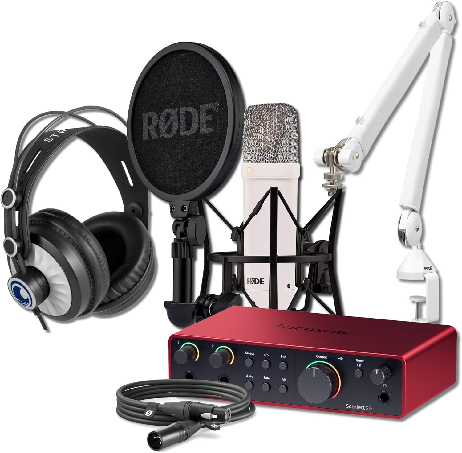 Rode NT1 Signature Series Condenser Microphone (White) with Scarlett 2i2 4th Gen USB Audio Interface, White PSA1+ Broadcast Microphone Boom Arm and Cans50 Monitoring Headphones