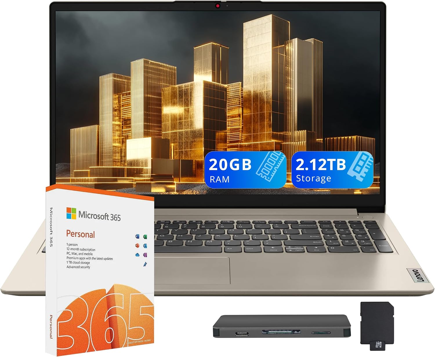 Lenovo IdeaPad 1 15.6' HD Business Laptop, Intel Celeron N4500, 20GB RAM, 1TB SSD+128GB eMMC, Intel UHD Graphics, Numeric Keypad, 1 Year Office 365, Wi-Fi 6, Win11 Pro, Sand, 1TB Docking Station Set