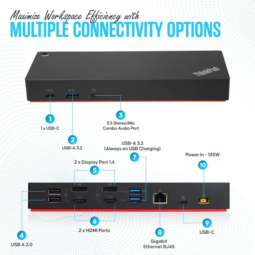 40AF0135US Lenovo Docking Station Dual Monitor Hybrid USB-C with USB-A - Thinkpad Dock with 135W, HDMI & DisplayPort Cable (40AF0135US)