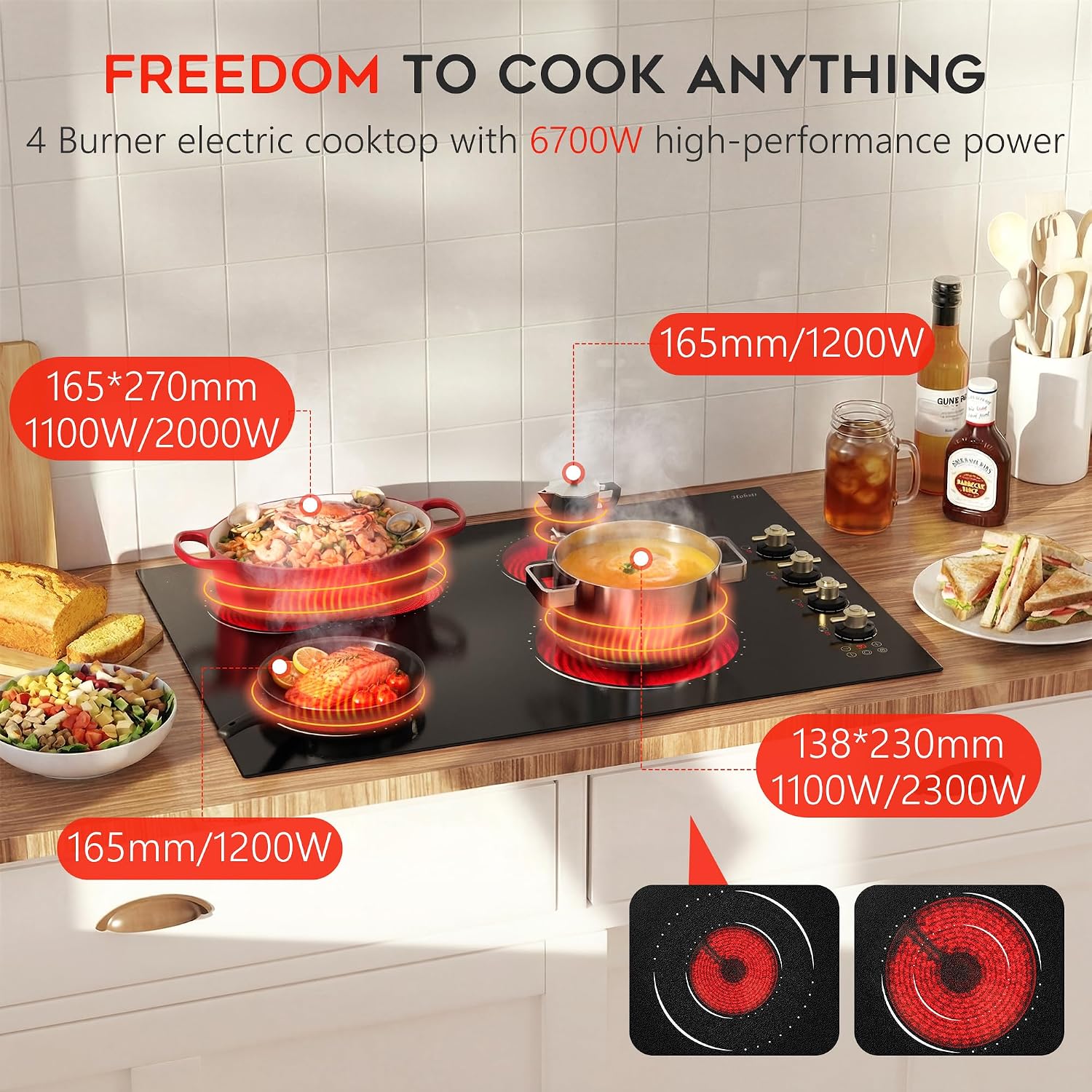 Electric Cooktop 30 Inch Hobsir, 4 Burner Electric Stove Top 6700W, Dual-Ring Burner & Oval Burner, 9 Power Level, 30 Inch Cook top with Safety Lock, Timer, Golden Knob