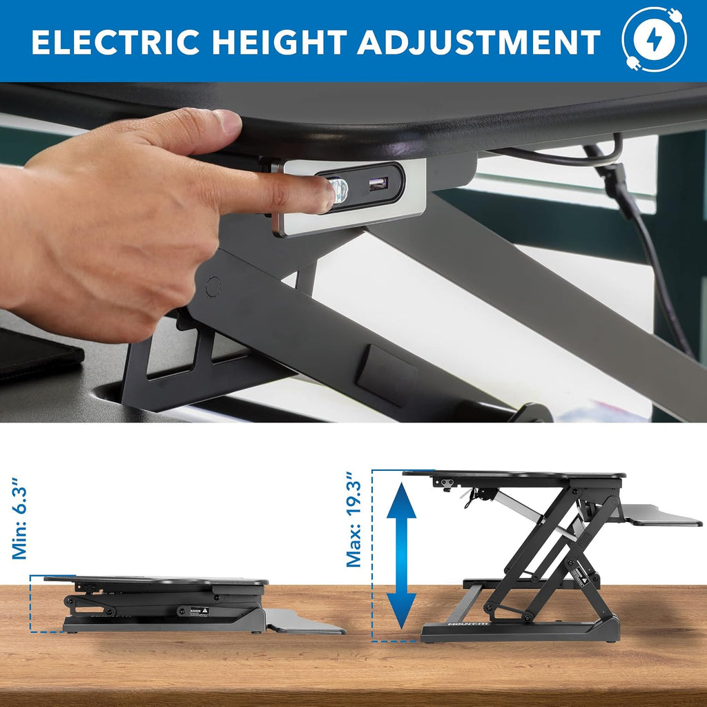 Mount-It! Electric Standing Desk Converter with Dual Monitor Arm, Stand Up Desk Riser X-Large 47.2' Wide, Electric Desk Riser with Mount for 2 Screens (Max 32'), Desktop with Keyboard Tray, USB, Black