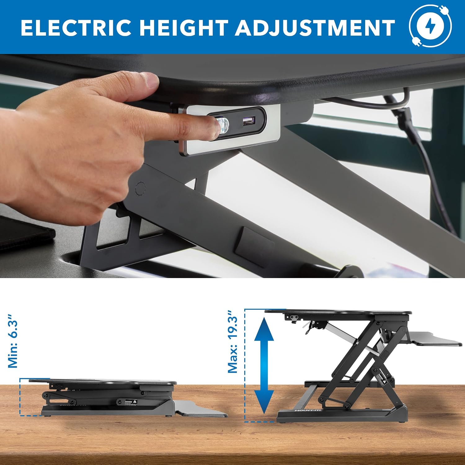 Mount-It! Electric Standing Desk Converter with Dual Monitor Arm, Stand Up Desk Riser X-Large 47.2' Wide, Electric Desk Riser with Mount for 2 Screens (Max 32'), Desktop with Keyboard Tray, USB, Black