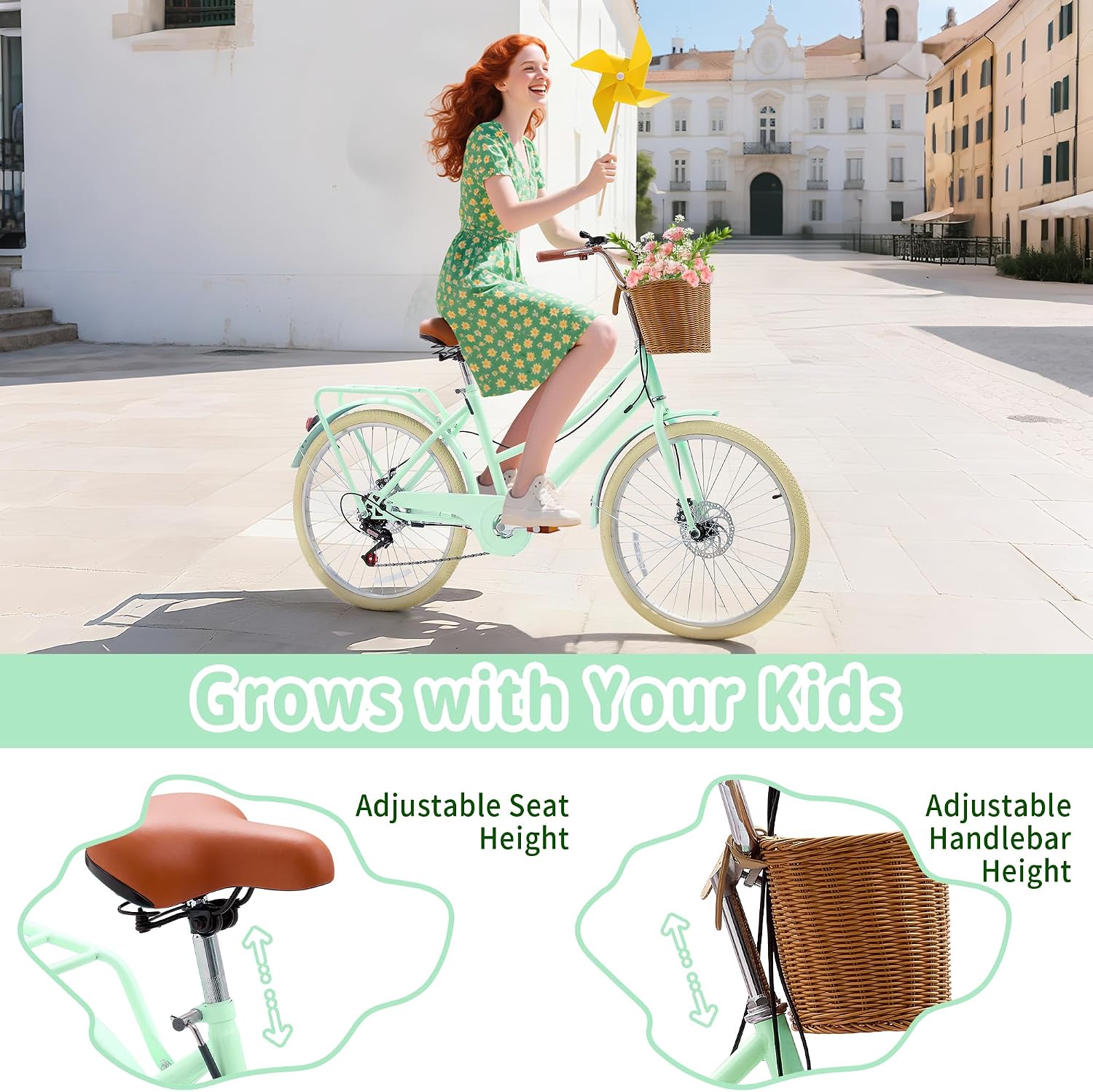DEYGIA Kids Bike, Retro Cruiser Bike for Girls, 20 24 Inch 7-Speed Kids Bicycles for Ages 6-14 Girls Youth with Rattan Basket, Dual-Disc Brake Carbon Steel Frame Lightweight Bicycle, Multiple Colors