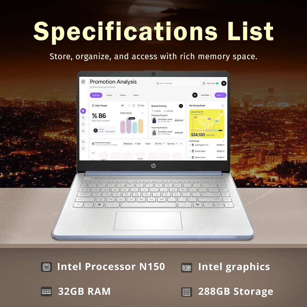 HP Flagship 14' HD Student&Business Laptop, Intel N150 CPU(Beats i3-1115G4), 32GB RAM, 288GB Storage (128GB UFS + 160GB Docking Set), W/1 Year Office 365&AI-Copilot, Webcam, Bluetooth, Win 11s, Blue