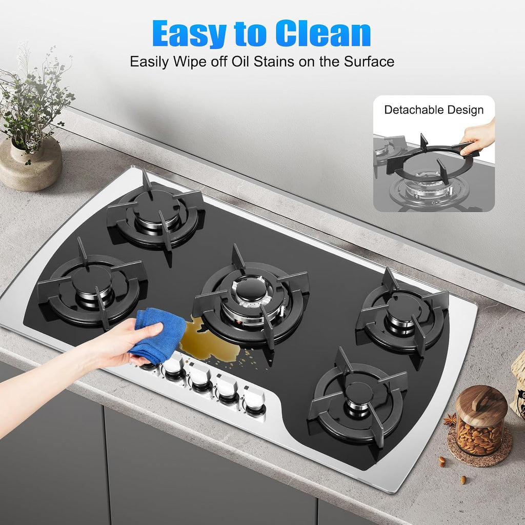 Gas Cooktop, 35''Tempered Glass Stovetop Cooker Built-In Gas Hob with 5 Burners NG/LPG Convertible Gas Cooktops for Kitchen, Home, Apartments, RVs (Style 2)