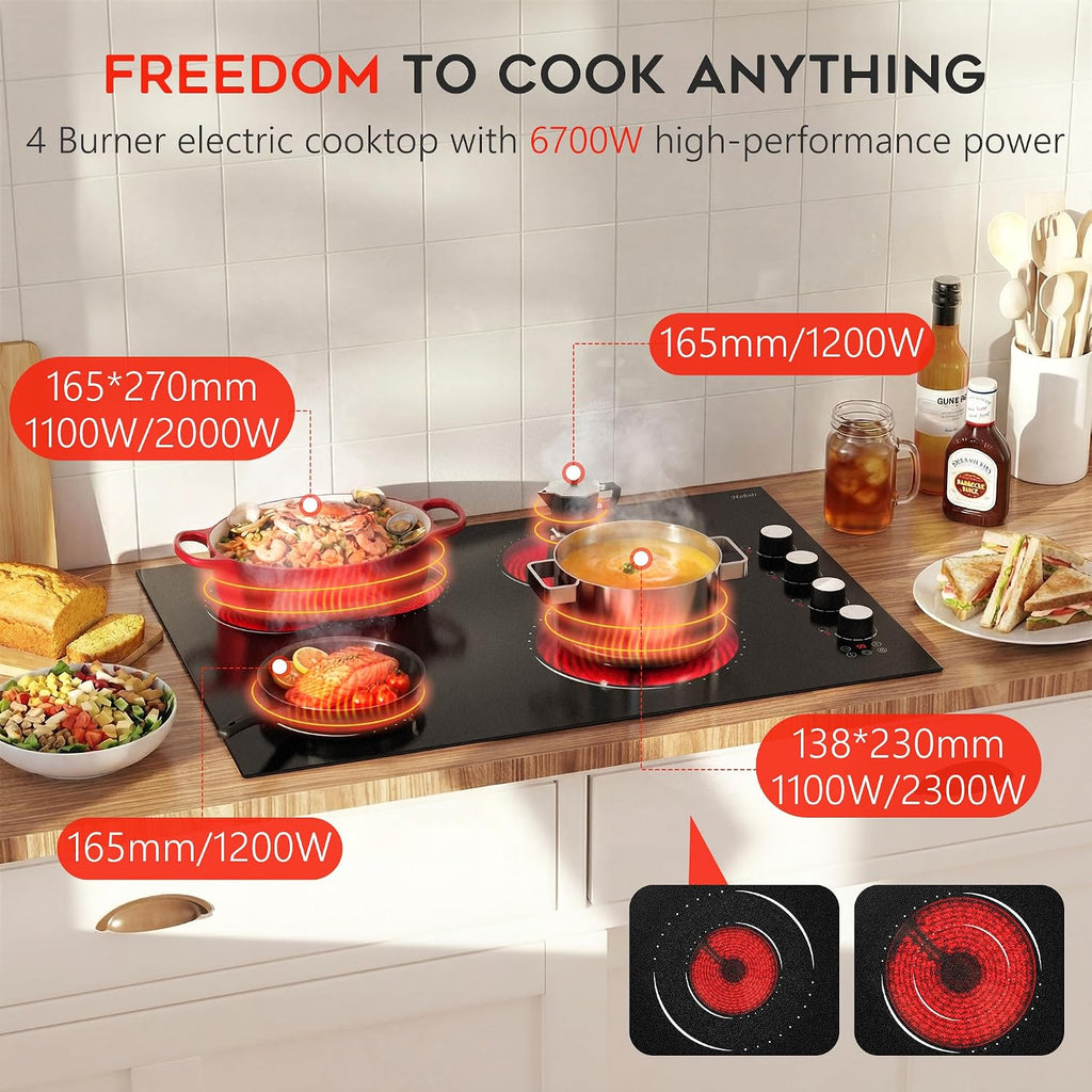 Electric Cooktop 30 Inch Hobsir, 4 Burner Electric Stove Top 6700W, Dual-Ring Burner & Oval Burner, 9 Power Level, 30 Inch Cook top with Safety Lock, Timer, White Knob