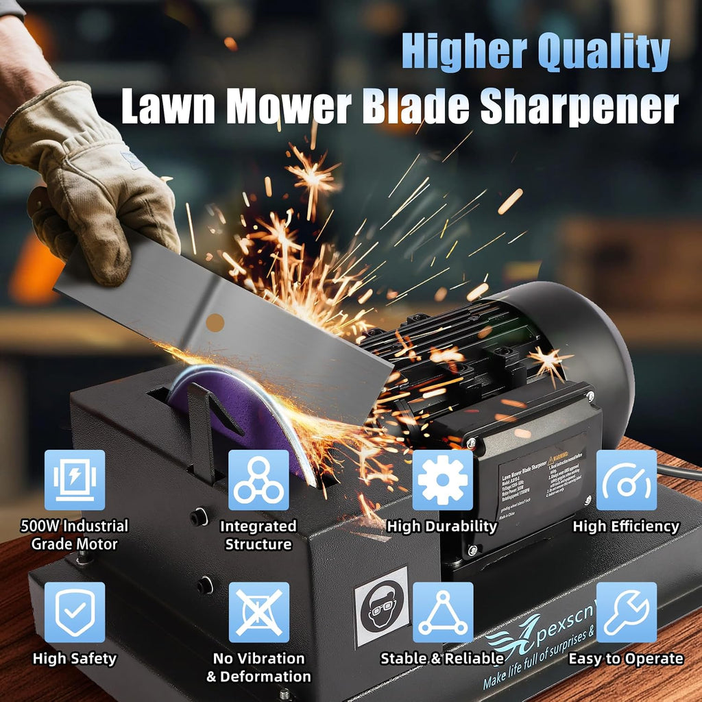 Lawn Mower Blade Sharpener, 2/3HP 500W Lawn Mower Blade Grinder with 7 in Ceramic Wheel, Flat Blades, Sharpens High/Low Lift, Adjustable Angle Bracket and Blade Balancer, Etc.