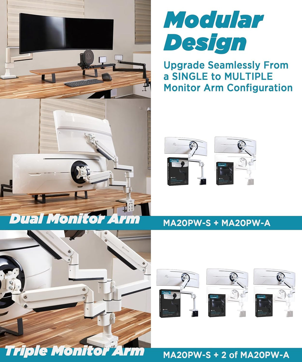 ULTRARM Heavy Duty Monitor Arm for Ultrawide Monitors up to 57' and 44 lbs, Single Desk Stand, Pneumatic Height Adjustable, Modular Extension Arms - Max VESA 100x100, White, MA20PW-S