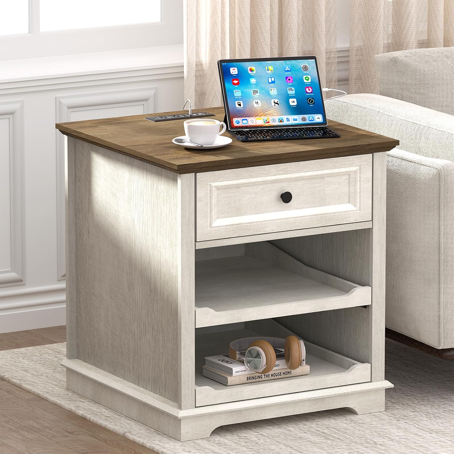 REDAYFUR Lateral File Cabinet 3 Drawer File Cabinet with Charging Station, Printer Stand with Open Adjustable Storage Shelves, Lateral Filing Cabinet for Home Office
