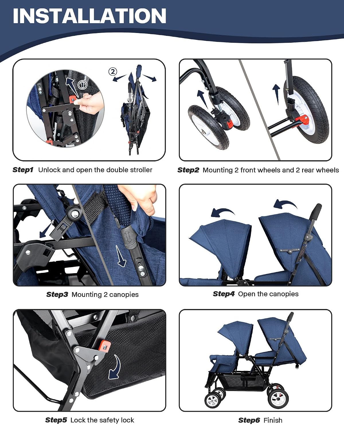 Double Stroller for Infant Toddler, Foldable Double Baby Stroller with Tandem Seating and Adjustable Backrest - Extra Gift Toys/Mosquito Net/Sleeping Mats/ 2 Cotton Pads/ 2 Hooks (Blue)
