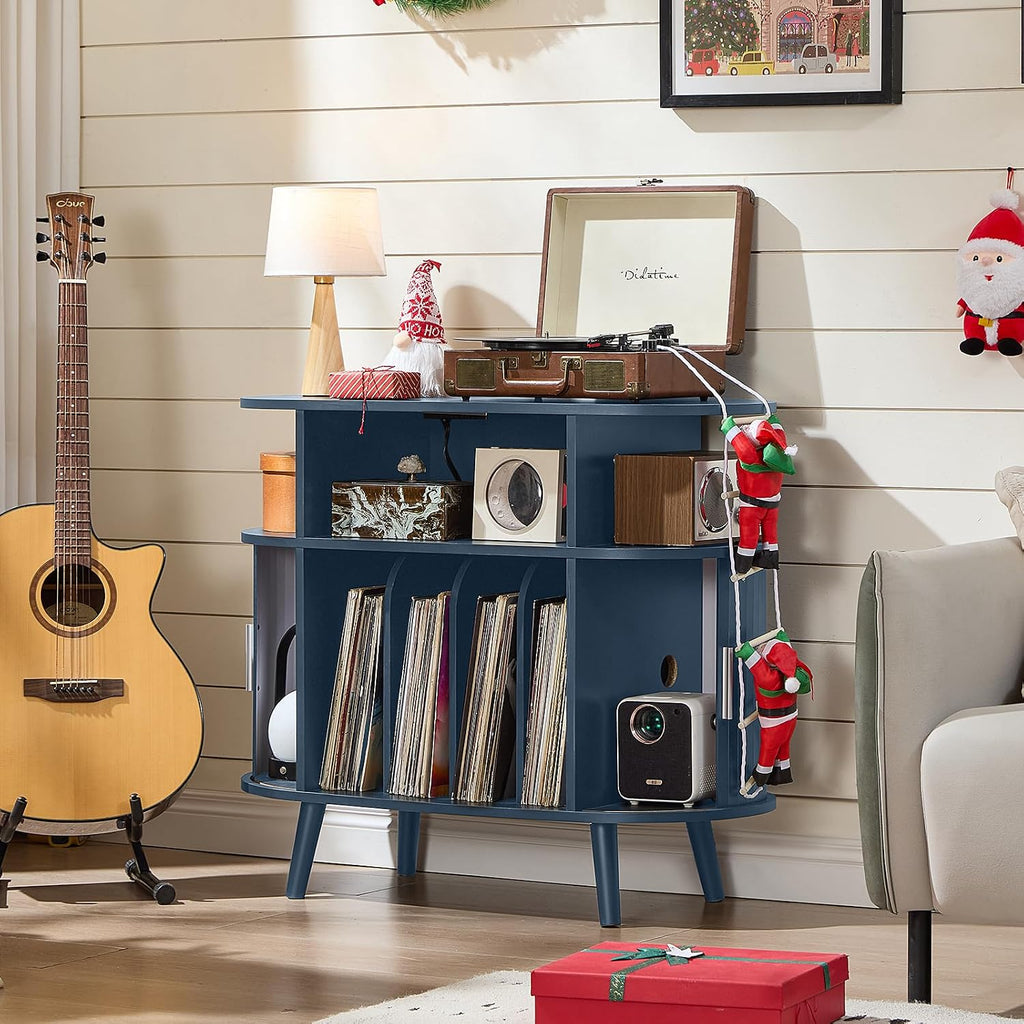 LELELINKY Small Round Record Player Stand with Charging Station & Fluted Panel,Navy Blue Mid Century Modern Turntable Cabinet with Vinyl Storage, Arched Wood Record Player Table for Living Room
