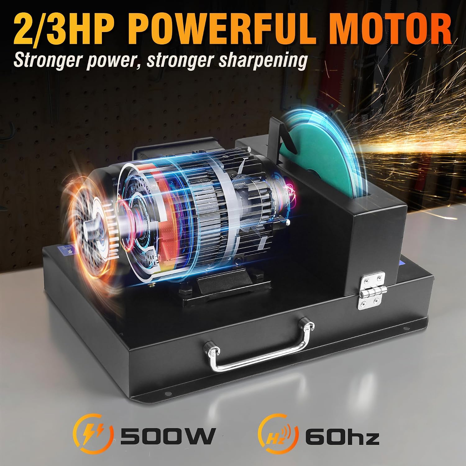 SporGain Lawn Mower Blade Sharpener 2/3 HP, Lawnmower Blade Sharpener with 20 Sandpapers 60/180 Grit, Heavy-Duty Mower Sharpening Machine for High/Low Lift, Gator & Flat Blades