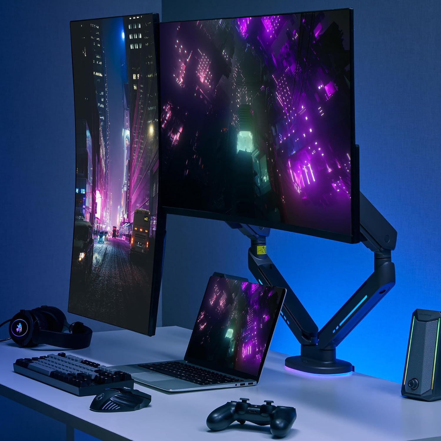 AVLT Dual 27'-43' RGB Gaming Monitor Arm Desk Mount Built-in 20 Lighting Modes Touch Button Control Fits Flat/Curved/Ultrawide Screen Height Swivel Tilt Rotation Adjustable Stand -Black