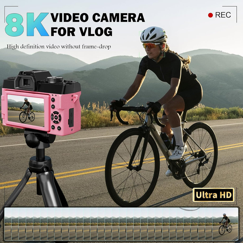 8K Digital Cameras for Photography 64MP - 16X Zoom Autofocus, WiFi, 180° Flip Screen with Wide-Angle & Macro Lens, Vlogging Camera for YouTube Travel with 64GB TF Card, 2 Batteries & Mic (Pink)