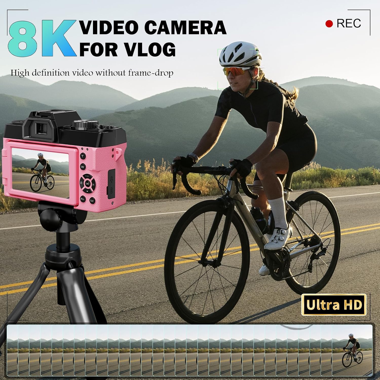 8K Digital Cameras for Photography 64MP - 16X Zoom Autofocus, WiFi, 180° Flip Screen with Wide-Angle & Macro Lens, Vlogging Camera for YouTube Travel with 64GB TF Card, 2 Batteries & Mic (Pink)