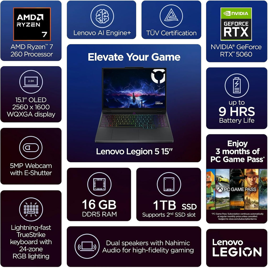 Lenovo Legion 5 15AHP10 Gaming Laptop,15.1 OLED WQXGA(2560 x 1600) 165Hz, AMD Ryzen 7 260, NVIDIA RTX 5060, 16GB DDR5 RAM 1TB SSD, Wi-Fi7, Backlit KB, Win11, Eclipse Black, 2TB Flash Drive, W/GaLiMu