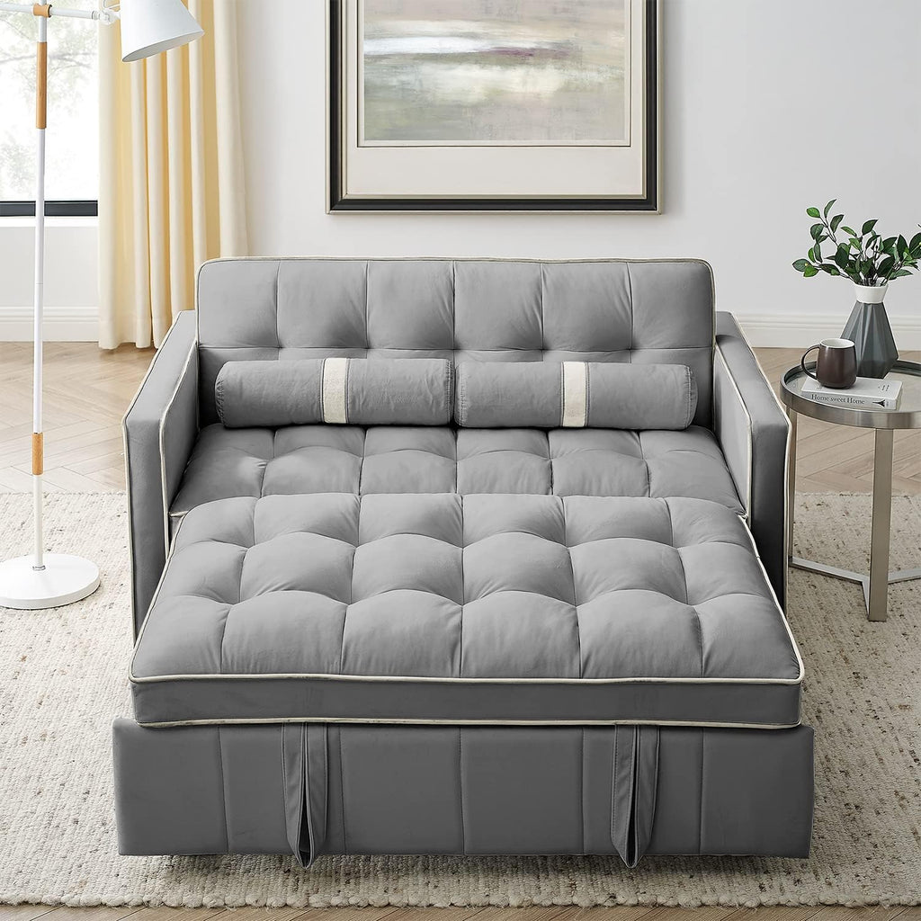 3 in 1 Sleeper Sofa Couch Bed, Small Tufted Velvet Convertible Loveseat Futon Sofa w/Pullout Bed, Adjustable Backrest, Cylinder Pillows for Living Room Apartment, Easy to Assemble, Grey, 55.5'