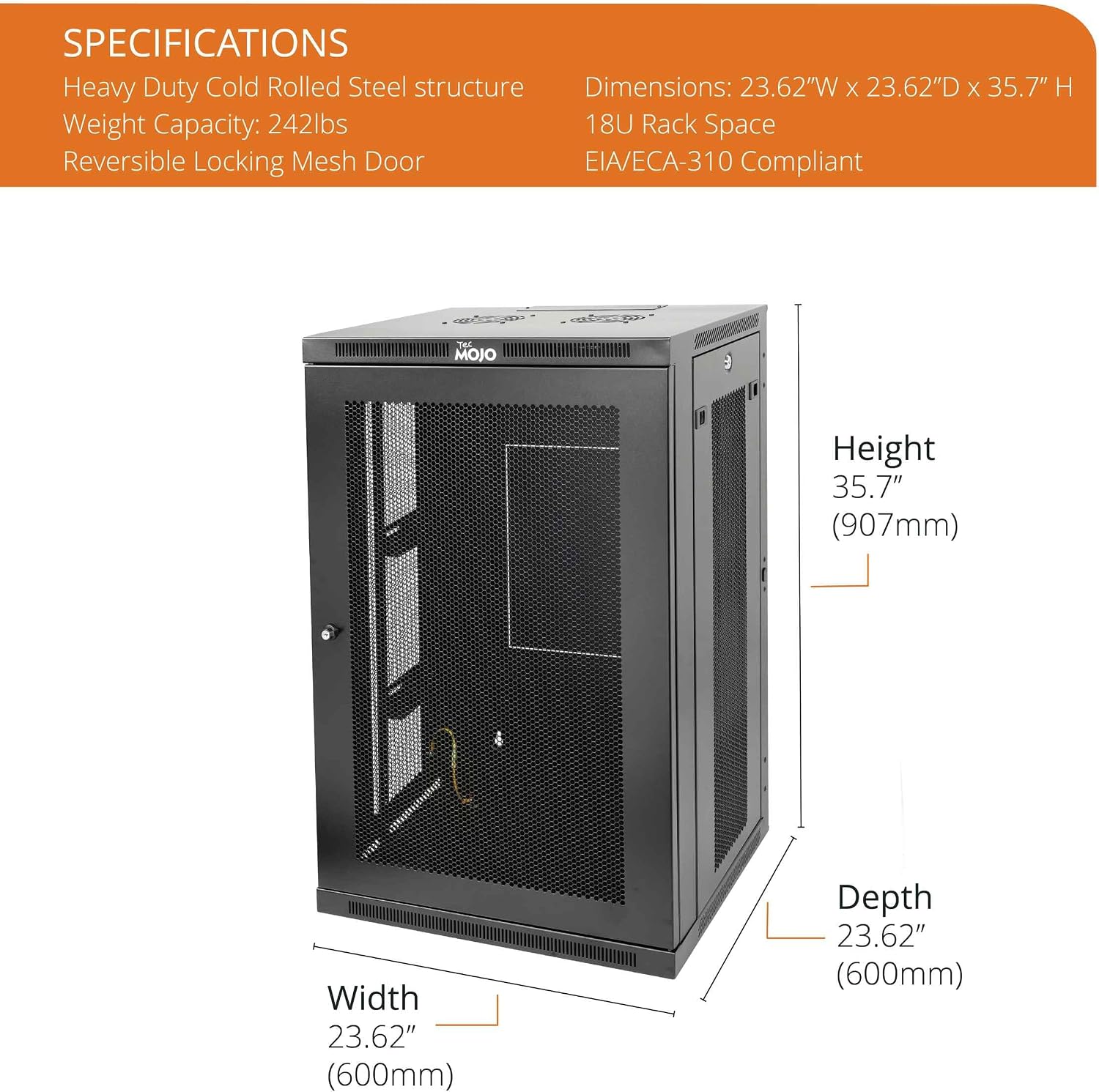 Tecmojo 18U Wall Mount Rack,18U Rack 23.6 Inch Depth,Hold Up to 176 Lbs,Enclosed Wall Mount Rack Kit for 19 Inch Network,Server and AV Gear,Mesh Door(Elite Collection)